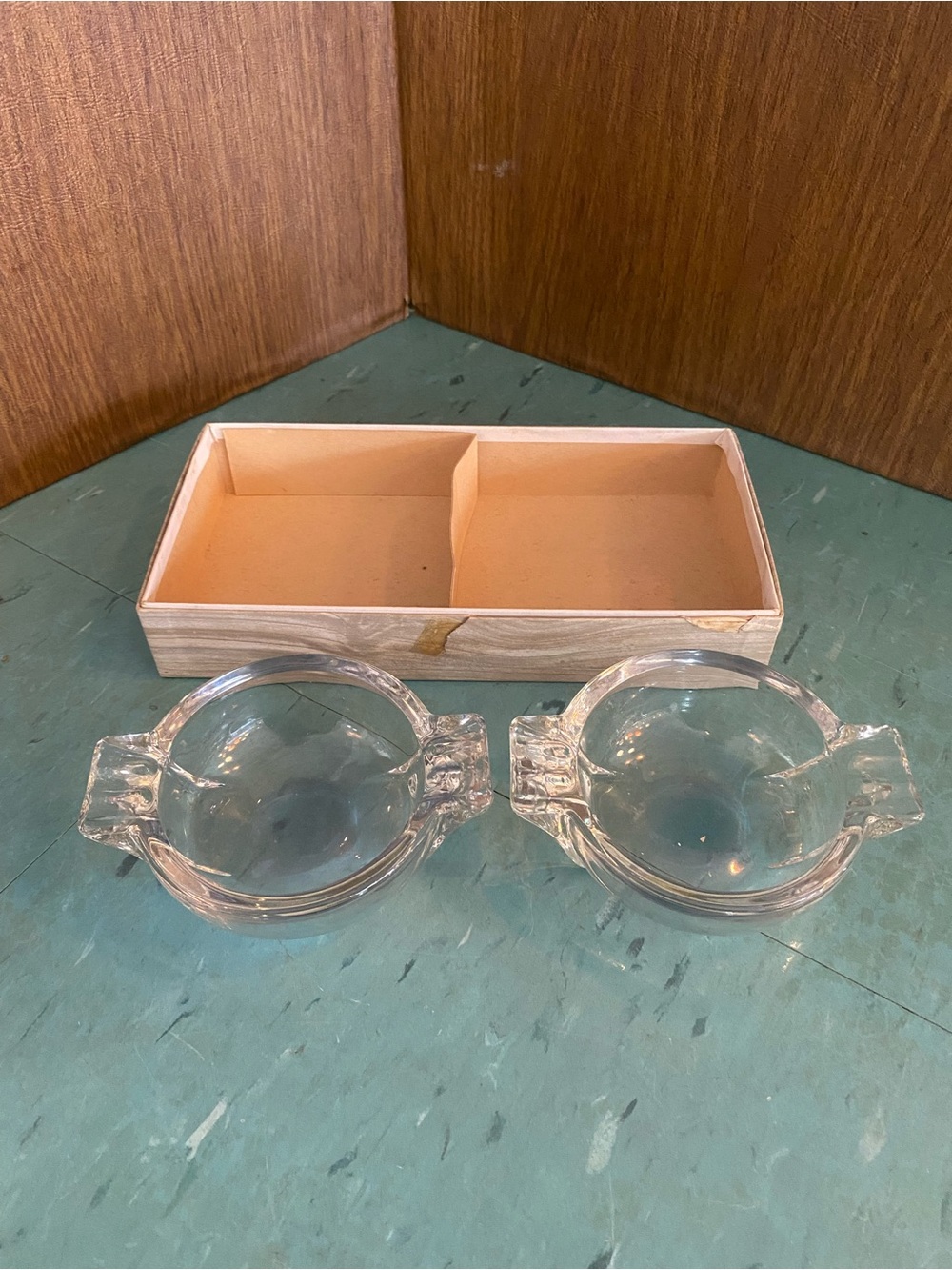 Vintage Clear Glass Double Ashtray Set 2 art deco